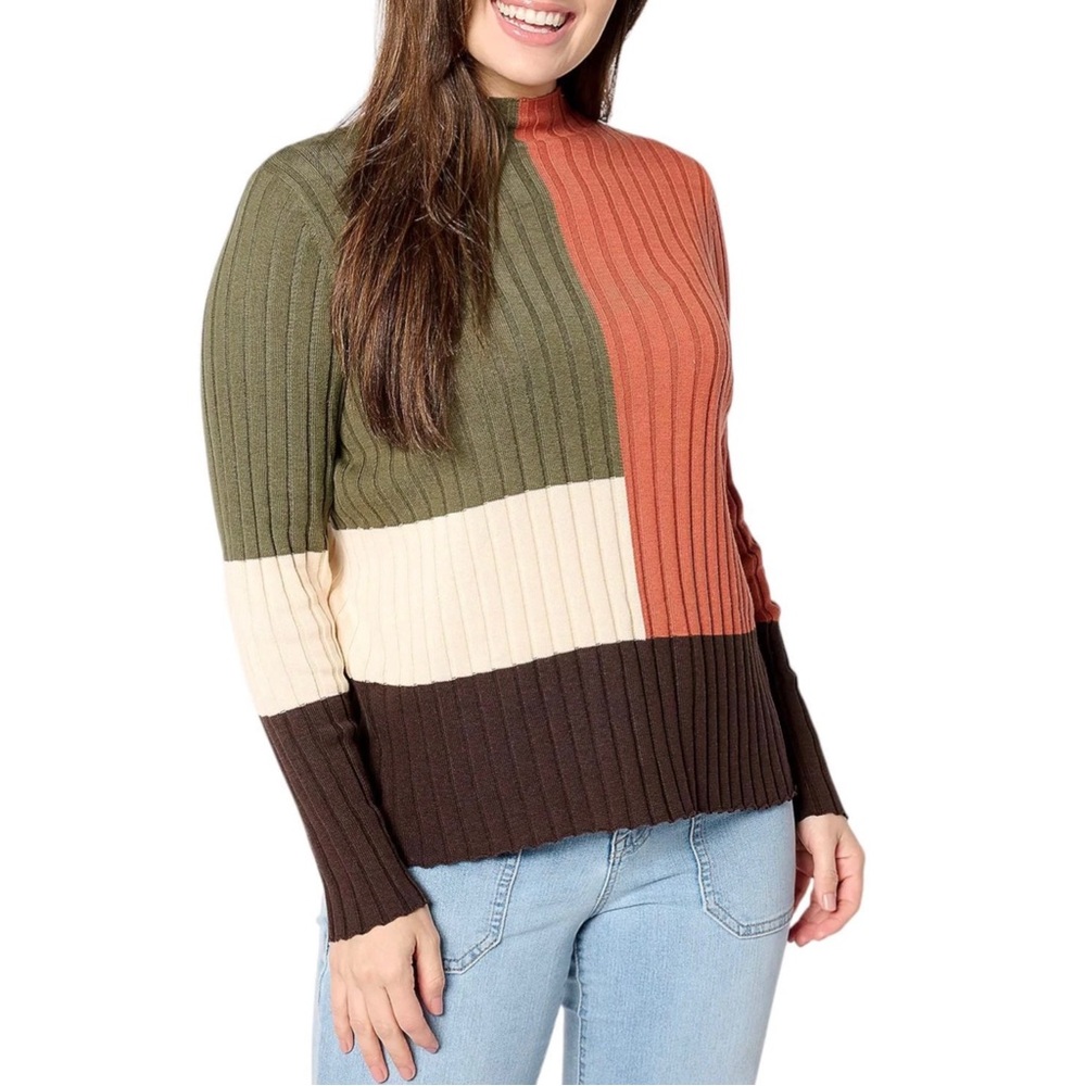 3/$20⚡️Belle Kim Gravel Women's Colorblock Ribbed Mock Neck Walnut Long Sleeve